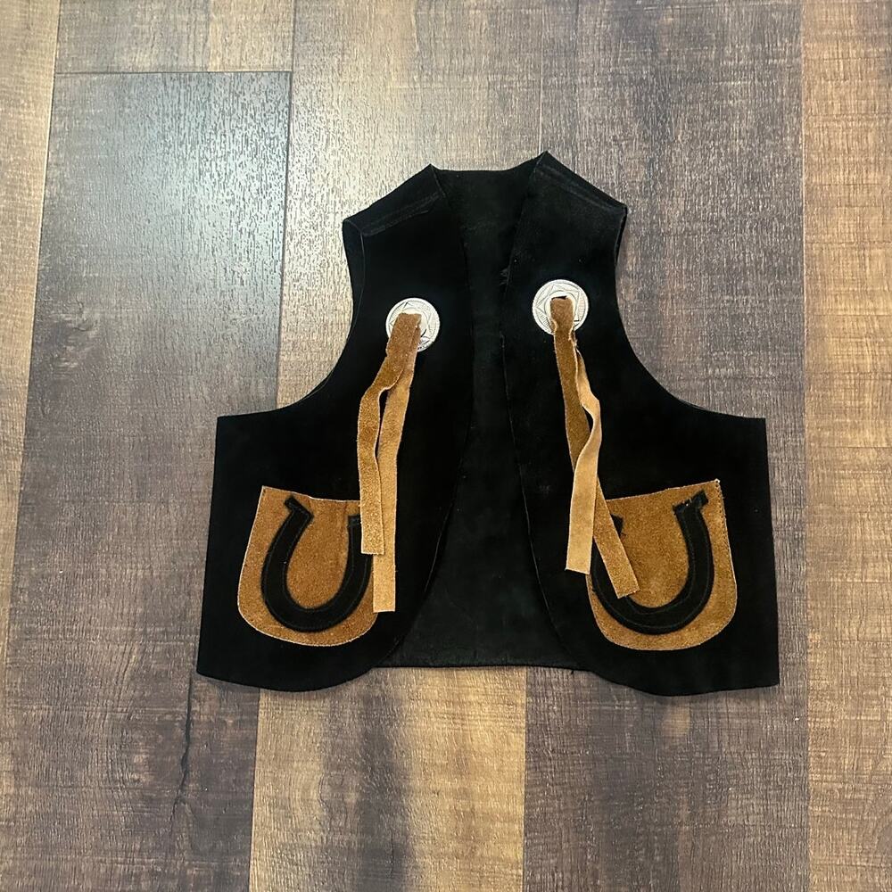 Vintage Kids Western Suede Leather Vest Black Brown Fringe Horseshoe Size L